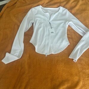 ALO Yoga White Ribbed Zip-Front Long Sleeve Top